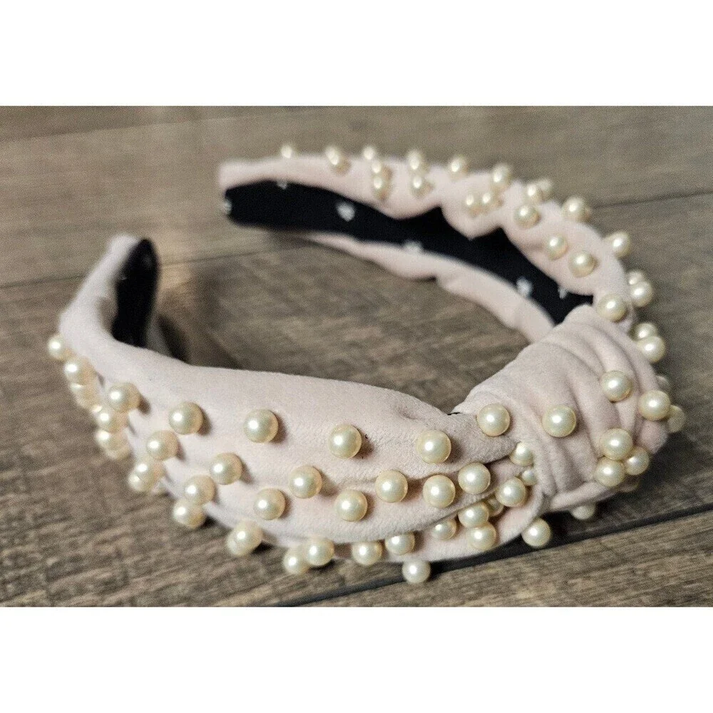 Lele Sadoughi Light Pink Pearl Velvet Headband
